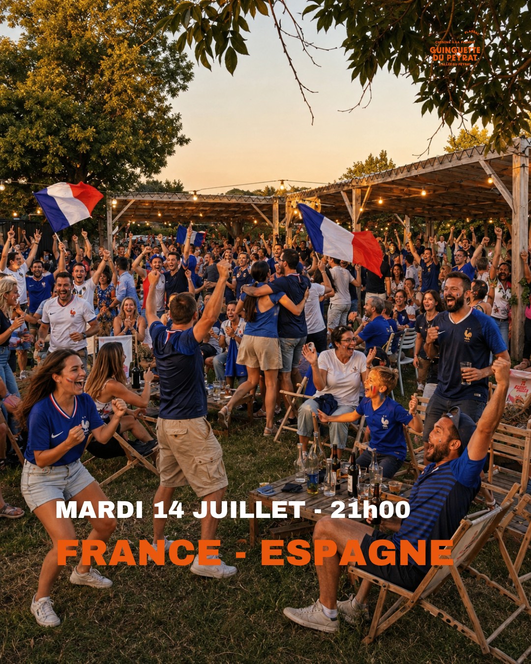 🇫🇷⚽ 14 JUILLET HISTORIQUE : DEMI-FINALE & FEUX D'ARTIFICE ! ⚽🇫🇷

Ce mardi 14 juillet à 21h00, c'est le combo ultime de l'été ! On célèbre notre Fête Nationale ET on pousse tous ensemble l'Équipe de France vers la finale de la Coupe du Monde face à l'Espagne ! 🔥

🚨 LE DÉFI : RENDONS CETTE IMAGE RÉELLE ! 🚨
On ne va pas vous mentir : l'image de ce post a été générée par IA pour donner le ton... Notre défi collectif ? Que la réalité dépasse largement la fiction !

On veut voir autant de monde, de ferveur, de maillots bleus et de drapeaux tricolores en vrai à la Guinguette. Ramenez vos potes, vos familles et vos cordes vocales pour transformer la Guinguette en un véritable stade en folie ! 🗣️💙🤍❤️

📺 Votre Fan Zone de choc au bord de l'eau :
🖥️ Écran Géant en Plein Air : Une immersion totale les pieds dans l'herbe face à l'estuaire.

🍹 Apéro dès le Sunset : Profitez du coucher de soleil avec nos cocktails frais et nos tapas d'été.

🥩 Cuisine au brasero : Le Chef Ludo est chaud bouillant pour régaler tous les supporters avec ses grillades à la flamme.

👕 Dress code : Bleu, blanc, rouge exigés !
⏱️ Quand ? Ce mardi 14 juillet (match à 21h00, mais arrivez tôt pour choper les meilleures places face à l'écran !).
📍 Où ? La Guinguette du Peyrat, @plassac .

👇 Taguez en commentaire votre équipe de supporters pour mardi soir !

#GuinguetteDuPeyrat #AllezLesBleus #FranceEspagne #DemiFinale #CoupeDuMonde #FeteNationale #14Juillet #FeuDartifice #EcranGeant #Plassac #SortirEnGironde #EspritGuinguette #BordeauxLocal
