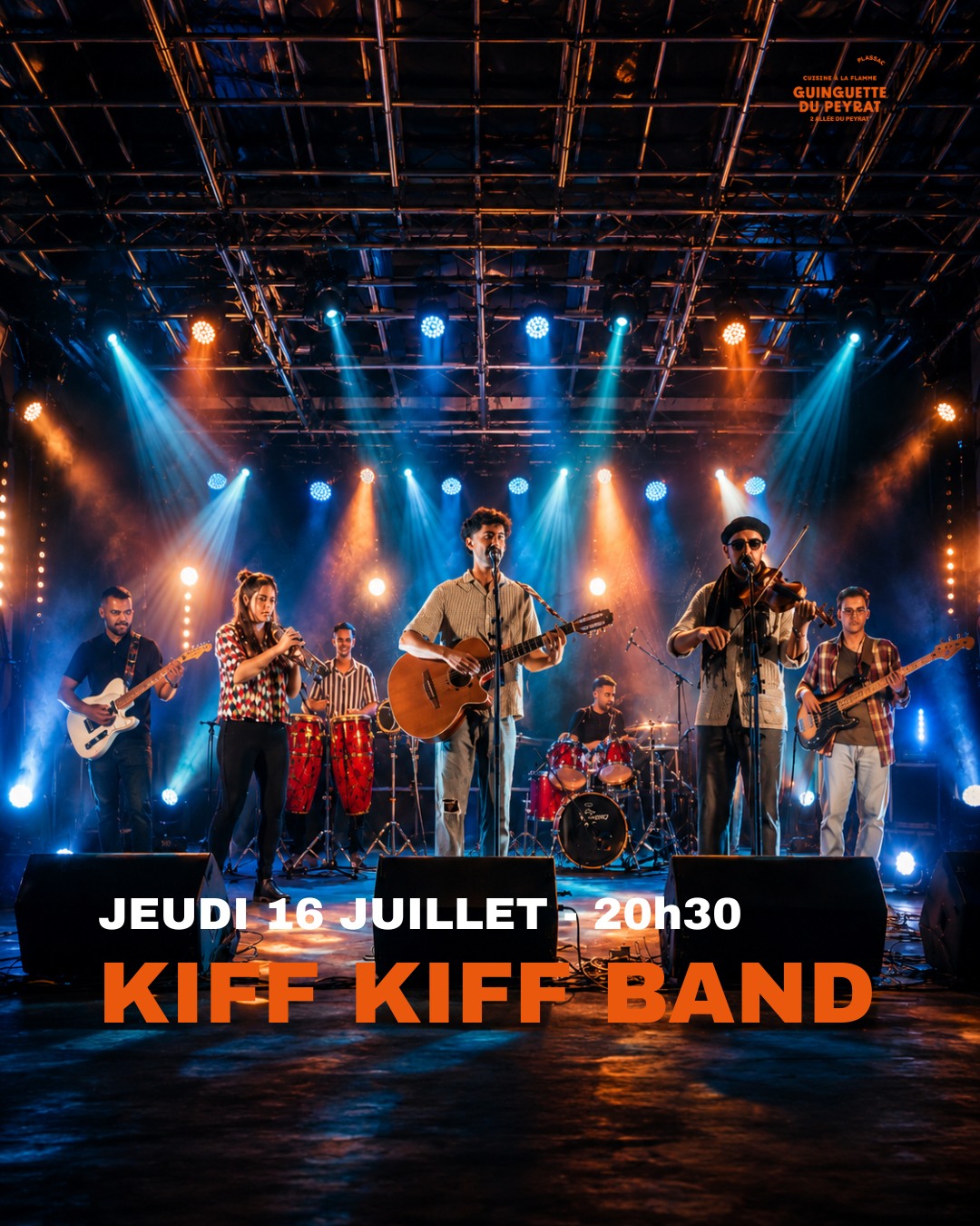 🌍💃 CE JEUDI : INVITATION AU VOYAGE ET FÊTE AVEC LE KIFF KIFF BAND ! 🎶✨
Ce jeudi 16 juillet dès 20h30, notre grande scène s'illumine pour accueillir une soirée totalement unique, vibrante et cosmopolite. Préparez-vous à bouger, la Guinguette du Peyrat accueille l'énergie débordante du @kiffkiffband ! 🚀
🥁 L'univers métissé du Kiff Kiff Band :
🌍 Une belle histoire humaine : Kiff Kiff, c’est avant tout une grande famille de musiciens aux origines et aux parcours multiples, porteurs d'une poésie humaniste et universelle.
💃 Un style unique (Rumba Orientale) : Une fusion festive, urbaine et méditerranéenne où les sonorités latines viennent croiser la puissance des rythmes Chaabi.
🎤 En Français et en Arabe : Un répertoire de partage qui brise toutes les frontières musicales et vous transporte instantanément ailleurs.
Avec leur formation au grand complet (guitare, violon, trompette, percussions...), c'est le concert "Grande Scène" parfait pour chanter, danser les pieds dans l'herbe et lâcher prise sous les étoiles ! 🌌
🌅 Votre programme du jeudi soir
Venir tôt pour choper un transat ou une table face au plus beau coucher de soleil de la Gironde.
Commander un cocktail frais et nos tapas (houmous de betterave, falafels...) ou les incontournables grillades au brasero du chef Ludo.
Se laisser embarquer par le rythme de la rumba et vivre un grand moment de partage !
⏱️ Quand ? Ce jeudi 16 juillet dès 20h30 (pensez à arriver plus tôt pour l'apéro et le resto !)
📍 Où ? La Guinguette du Peyrat, @plassac .
👇 Taguez en commentaire vos partenaires de danse qui ont besoin de s'évader ce jeudi soir !
#GuinguetteDuPeyrat #KiffKiffBand #RumbaOrientale #Chaabi #MusiqueDuMonde #ConcertGironde #SortirEnGironde #LiveMusic #JeudiSoir #Plassac #SunsetGironde #Brasero #EspritGuinguette #bordeauxlocal