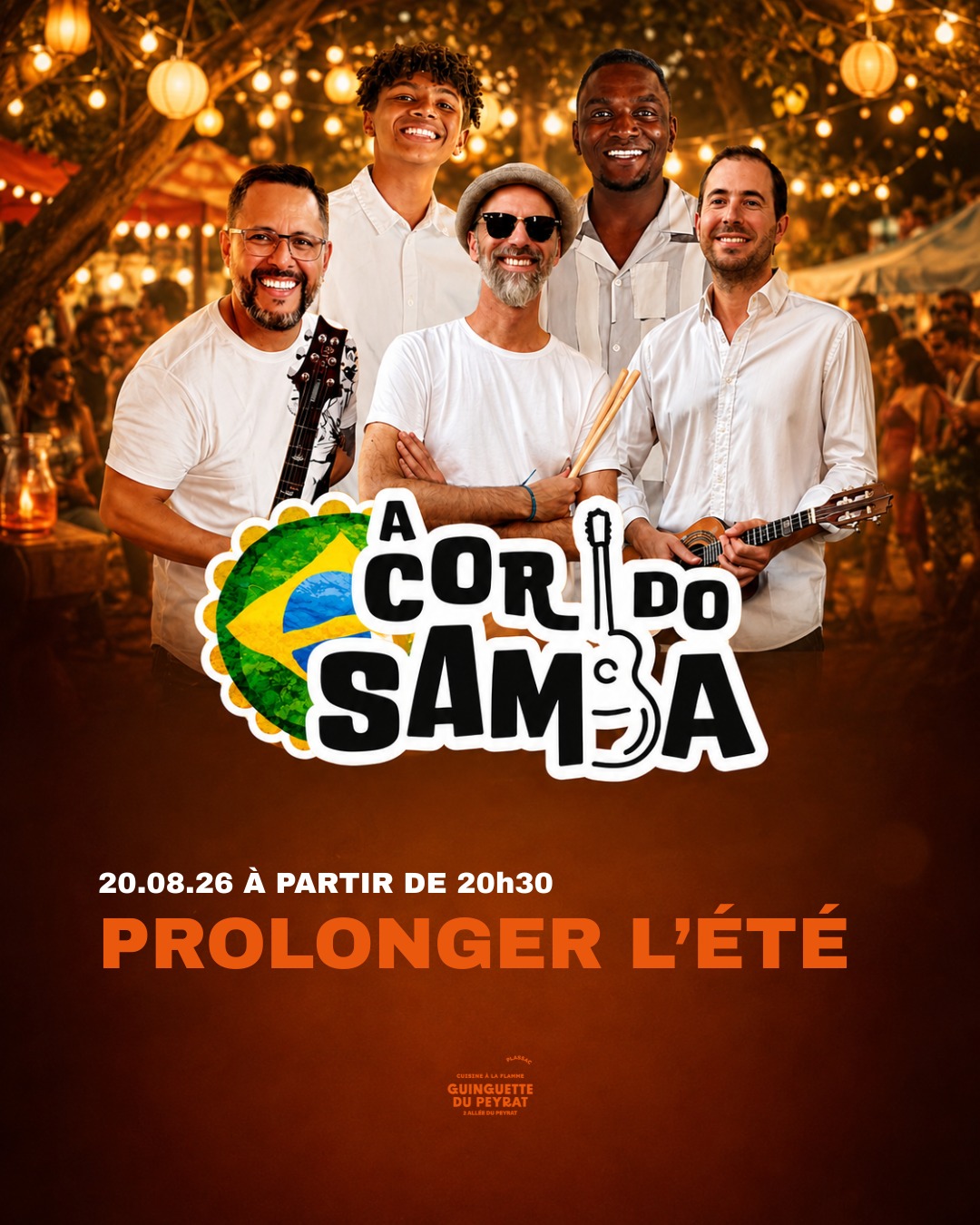 🇧🇷🔥 PROLONGER L'ÉTÉ : ESCAPADE AU BRÉSIL AVEC A COR DO SAMBA ! 🔥🇧🇷
Ce jeudi 20 août dès 20h30, la Guinguette passe en mode caliente ! Préparez-vous à chanter, danser et vibrer au son de la samba avec l'énergie communicative du groupe A Cor Do Samba ! 💃🕺✨
🪘 AU PROGRAMME DE CE SHOW 100 % CHALEUREUX :
🎶 Les plus grands standards brésiliens : Un répertoire solaire regroupant les classiques incontournables que tout le monde connaît et fredonne instantanément.
🎉 Une ambiance légère & festive : Un véritable show taillé pour faire la fête, lâcher prise, danser les pieds dans l'herbe et partager la joie de vivre légendaire du Brésil ! 🇧🇷💛
⭐️ Un rendez-vous symbolique : C'est le dernier groupe live de l'été à venir faire vibrer notre scène cette saison (ce n'est pas le dernier concert, mais c'est bien la dernière formation à grande énergie du cœur de l'été !).
🍹 Vous rajoutez à ça nos cocktails rafraîchissants, nos tapas à partager et les grillades au brasero de Ludo & Théo face au coucher de soleil... et vous avez la soirée parfaite pour prolonger la magie des vacances ! 🌅🥩
On vous attend très nombreux pour faire chauffer la piste et faire honneur à ce dernier groupe de la saison ! 🥳
⏱️ Quand ? Jeudi 20 août 2026 dès 18h00 (Concert à 20h30).
📍 Où ? La Guinguette du Peyrat, Plassac.
📞 Conseil d'ami : pensez à réserver votre table !
👇 Taguez en commentaire vos partenaires de fête qui ne rateraient la samba pour rien au monde !
#GuinguetteDuPeyrat #ACorDoSamba #SambaBrasil #ConcertLive #ProlongerLete #DernierGroupeDeLete #Plassac #SortirEnGironde #MusiqueBresilienne #EspritGuinguette #BordeauxLocal